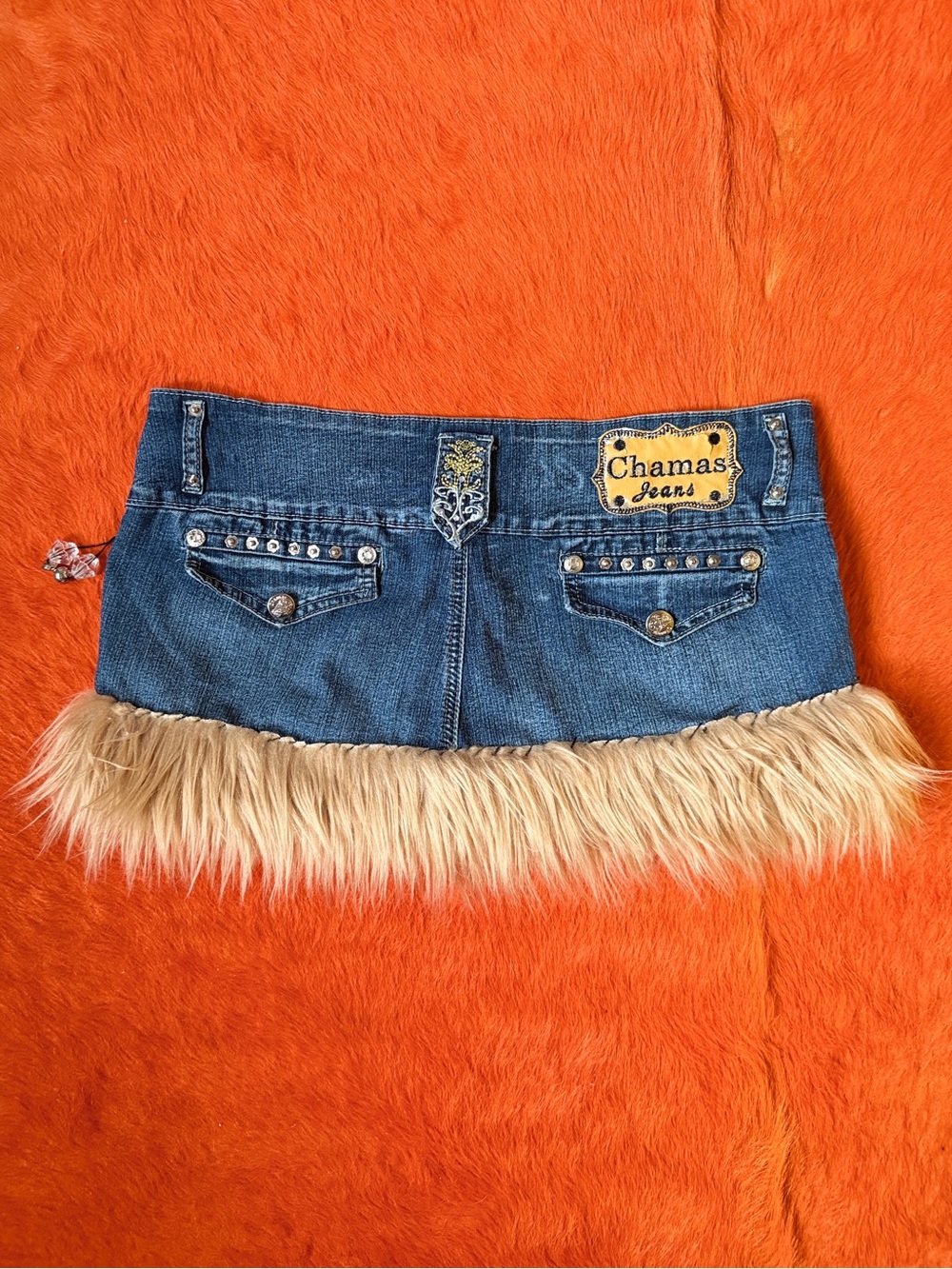 Vintage Y2K Fur Trim Micro Mini Skirt | Embellished Low Rise Denim skirt | M - Picture 9 of 10